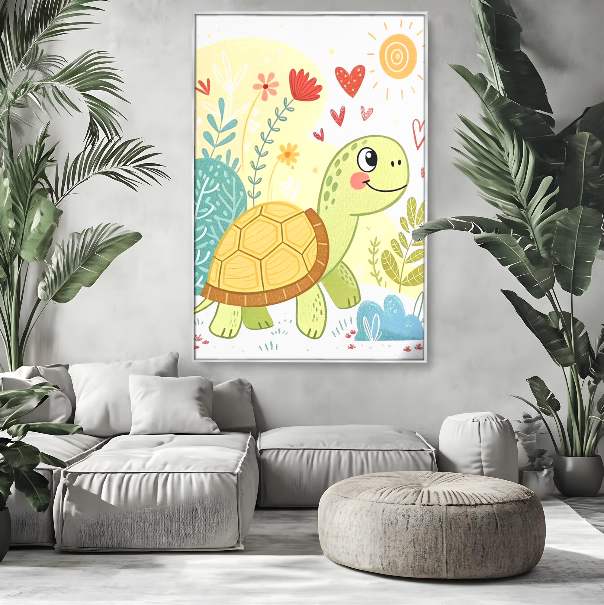 Tablou canvas cu ilustratie cu testoasa vesela printre flori, in rama de aluminiu argintiu, pe perete intr-un living